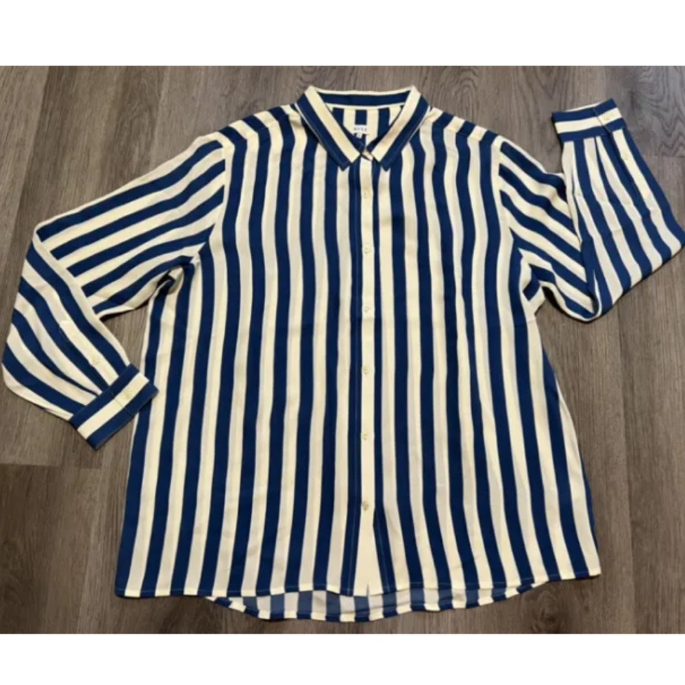 Kule Women's White Blue Stripe Long Sleeve Button Up Silk Top Blouse Sz XL